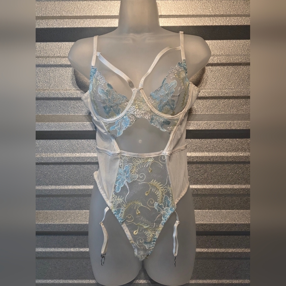 Elegant Moments Blue and White Lace Bodysuit